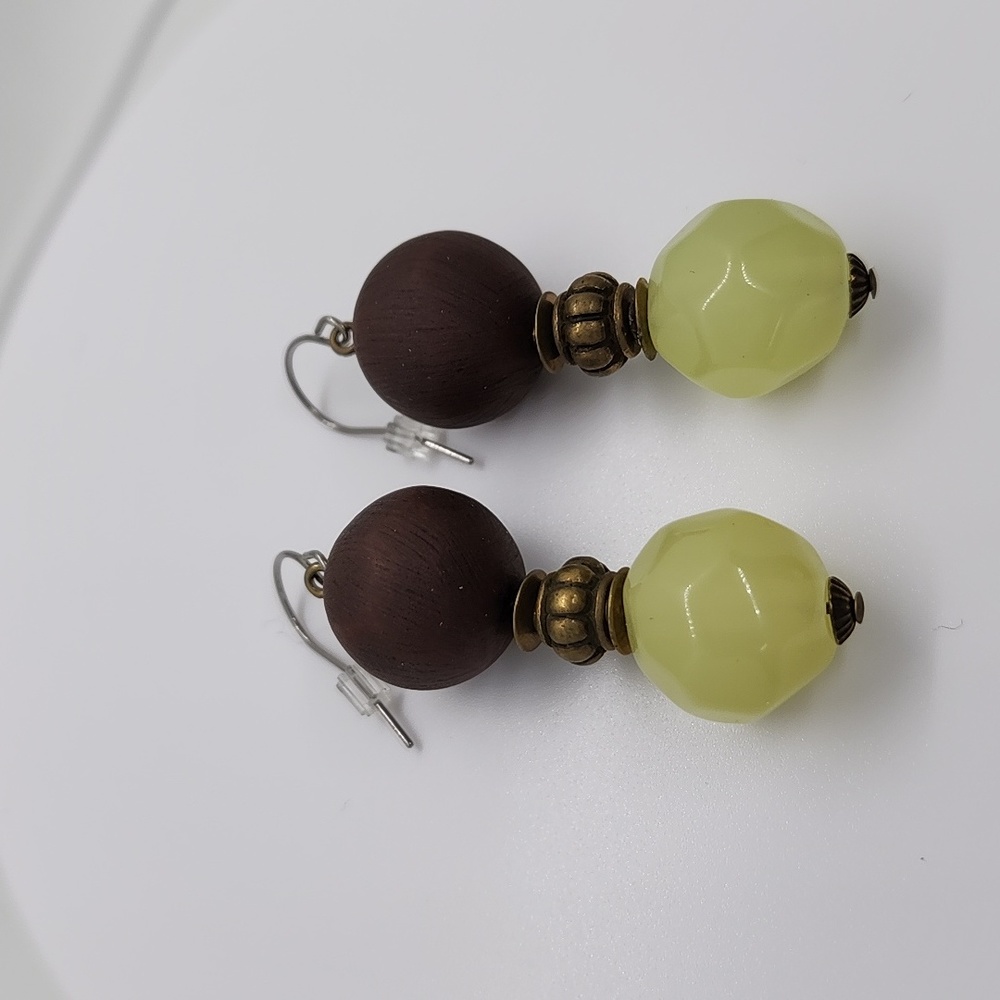 Wood Bead Green Jade Dangle Earrings